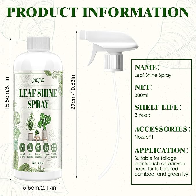 JAOJAO Leaf Shine Spray for Indoor Plants, Plant Shine Spray For Real Plants Leaf Shine Cleaner and Gloss Better Photosynthesis Restores shine for Indoor and Outdoor, 300ml