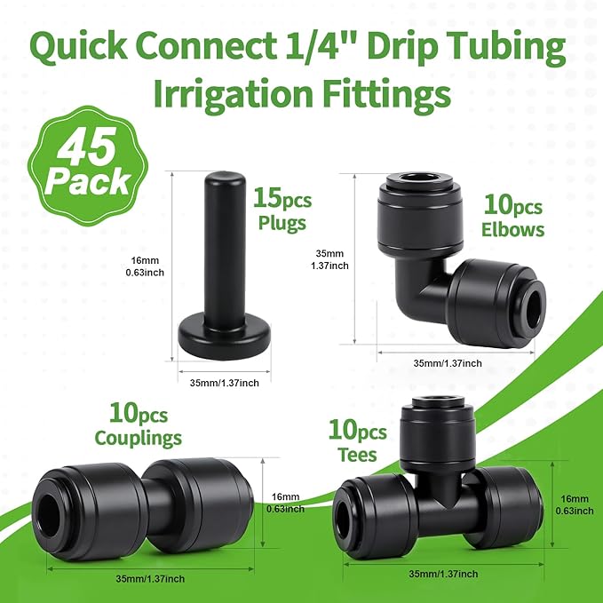 RedChili 45 PCS Quick Connect 1/4" Drip Irrigation Fittings Kit, Universal Drip Line Connectors for 1/4-Inch Drip Tubing Includes Couplings Tees Elbows Plugs Parts for Irrigation System Connection