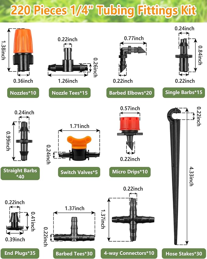 Drip Irrigation Fittings Kit for 1/4" Tubing, 220 Pcs Drip Line Connectors for Drip Systems - Valves, Nozzles, Micro Drips, Single barbs, 4 Way Cross, Tees, Couplings, End Plugs, Elbows, Hose Stakes
