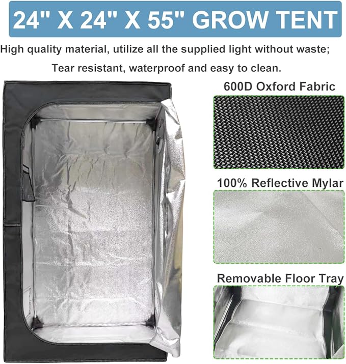 24"x24"x55" Grow Tent Kit,Complete 2x2 FT High Reflective Mylar Indoor Grow Tent, Portable Full Spectrum Hydroponics Grow Tent, Hydroponics Indoor Plant Growing Tent Room (09512#)