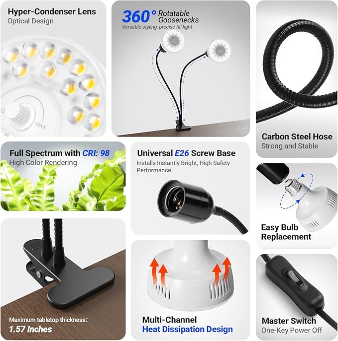 Barrina Orbgrow OG11A2 Clip On Grow Lights for Indoor Plants, Integrated Stepless Dimming & Timing, 5000K 22W(2 x 11W, 200 Watt Equiv), Full Spectrum 2-Gooseneck with E26 Plant Light Bulbs