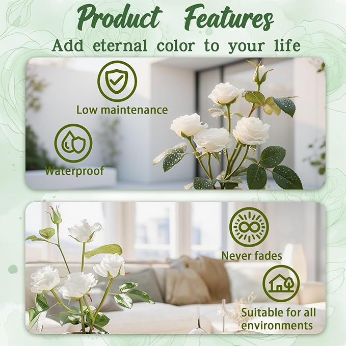 Rose in Pot Decor Potted Artificial Flowers Mini Plants Faux Flowers Indoor Small Decor Fake Roses for Home, Bathroom, Kitchen, Offices, Wedding Party Centerpieces (Rose White)