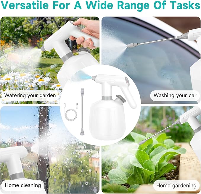SANLIKE Electric Spray Bottle 2L Pump Sprayer Plant Mister, Automatic Watering Can Rechargeable Battery Powered Pressure Bottle with Adjustable Spout 2 Spray Types for Garden, Fertilizing, Cleaning