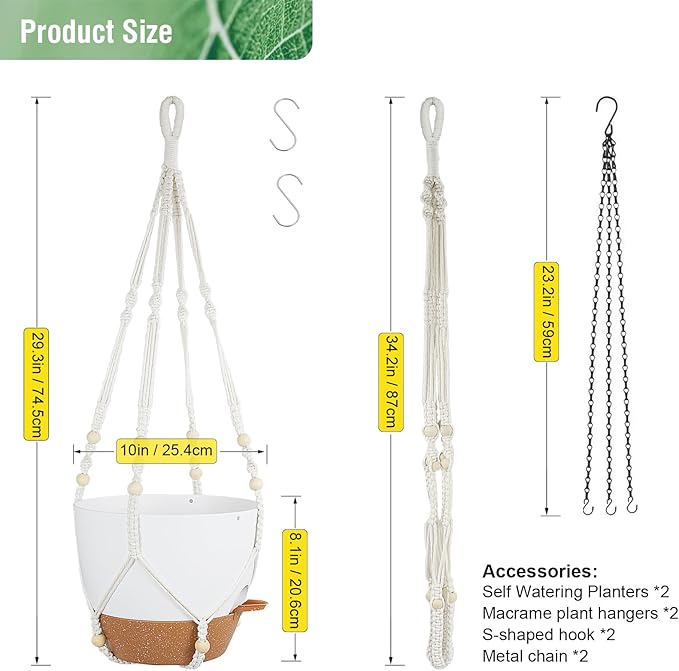 Meowell 10 inch Self Watering Hanging Planters, 2 Pack Hanging Baskets for Indoor Outdoor Plants, Hanging Flower Pots with Drainage Holes & 2 Kinds of Plant Hangers for Garden Home Décor, White Brown