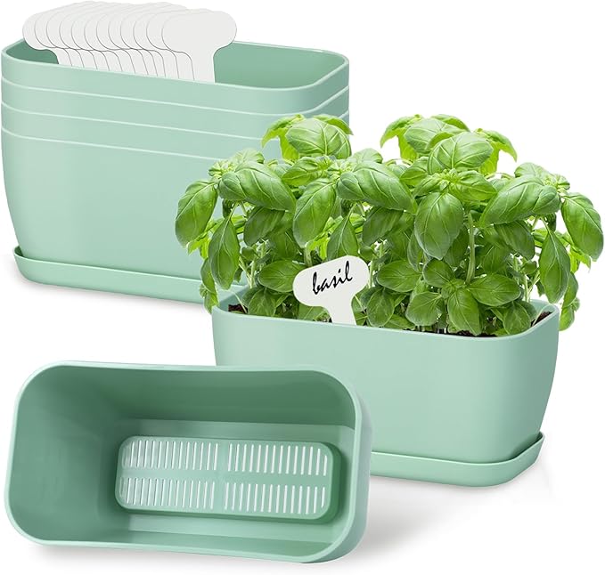 Oliz 6 Set Window Herb Planter Box Rectangular, Green Plastic Planters with Multiple Drainage Holes and Trays,Indoor Succulent Cactus Mint Flower Pot for Windowsill, Garden Balcony