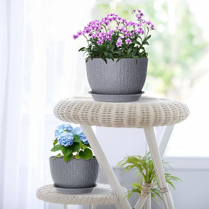 Meowell Large Flower Pots 12/10/9 inch, 3 Set Big Plant Pots for Outdoor Indoor Plants with Water Ripples, Wide Plastic Planters with Drainage Holes and Saucers for Garden House Plants, Speckled Grey