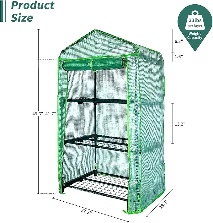 3 Tier Mini Indoor Greenhouse,27"x19"x49" Greenhouse for Indoors&greenhouses for Outdoors with PE Cover and Roll-Up Zipper Door