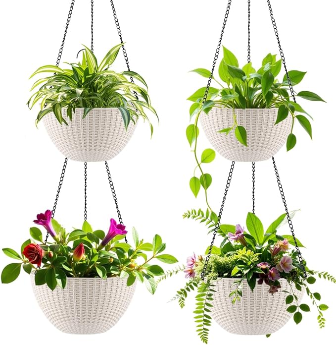 RooTrimmer Hanging Planters for Indoor Outdoor Plants 8 and 10 Inch, 4 Packs Hanging Flower Pot with Drainage Holes, Self-Watering Hanging Basket Perfect for Home, Office and Garden, White