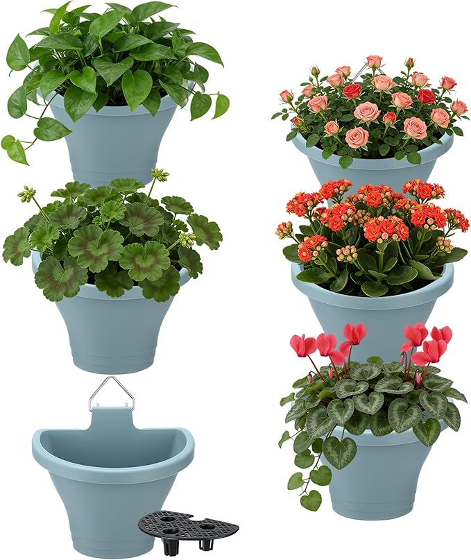 MADHOLLY 6Pcs Vertical Hanging Planters for Outdoor Plants - Wall Plant Holder for Indoor Decorations Garden Fence, Plastic Flower Pots with Drainage Grid and Hooks (Blue)