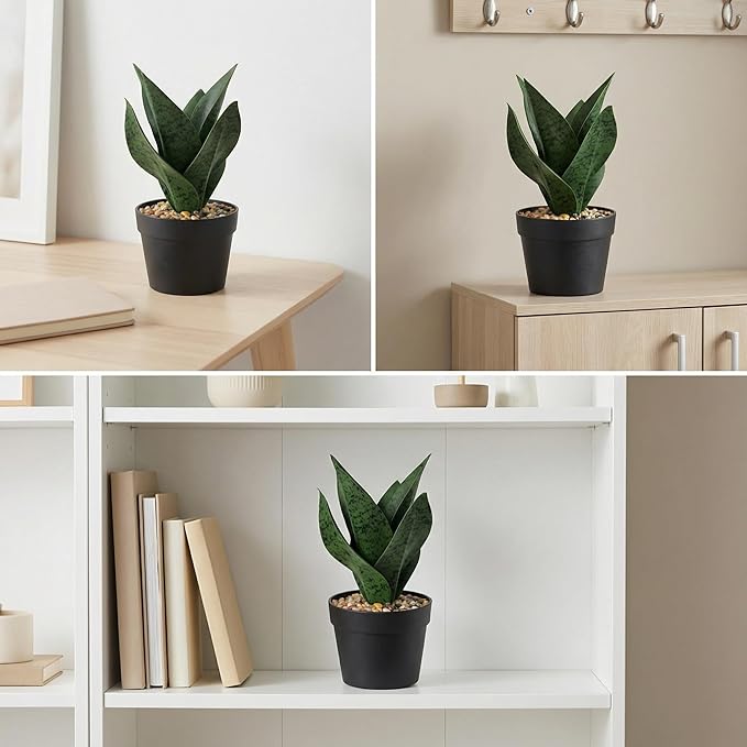 Small Artificial Snake Plant Fake Snake Plant 10inch Sansevieria Faux Plants Small Faux Potted Plants with Fixed Pebbles Matte Pot for ShelvesIndoor Desk Bathroom Decor