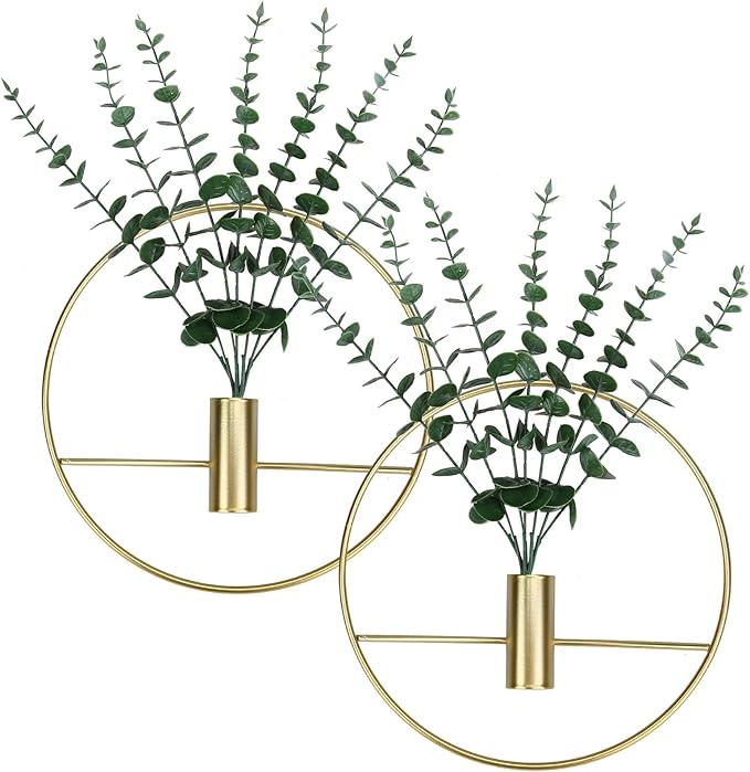 GREENTIME 2 Packs Hanging Planters with 15in Artificial Eucalyptus Plants for Indoor Outdoor Home Bathroom Living Room Wall Decor (Gold, Circle)