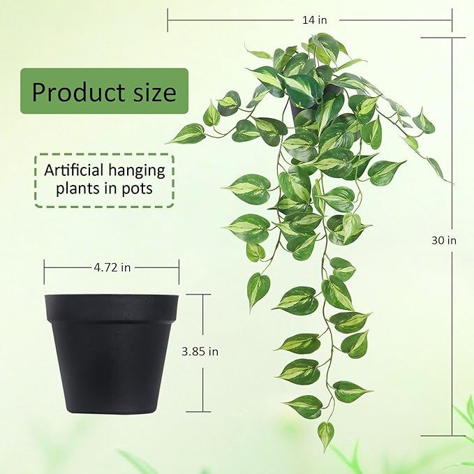 Fake Pothos Hanging Plants Artificial Ivy Vines with Pots - Realistic Indoor Greenery Decor, Low Maintenance Faux Home Decoration (1 PCS)