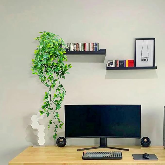 LOYWREE 3 Pack Small Artificial Hanging Mandala Plant with Pot Faux Plants Indoor Fake Small Potted Plant 28.7-In Long Faux Vine Shelf Decor Ideal for Indoor Outdoor Home Office Decoration (Black Pot)