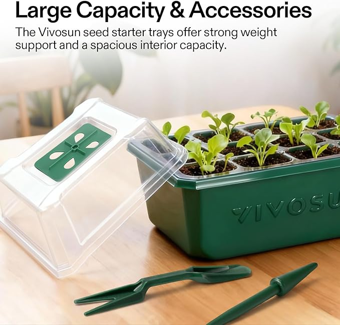 VIVOSUN 6-Pack Seed Starter Trays, 72-Cell Seed Starter Kit with Humidity Dome, Flat Reusable Plant Germination Trays with Drain Hole, Green Propagation Tray for Planting Seeds