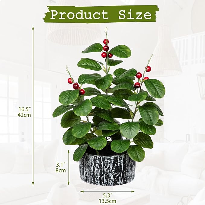 GnFlus Artificial Plants Decor Greenery Fake Ficus Leaf with Red Seeds Indoor Potted 14" Fake Plant in Rustic Black Ceramic Planter for Farmhouse Room Christmas Kitchen Office Table Desk Decor