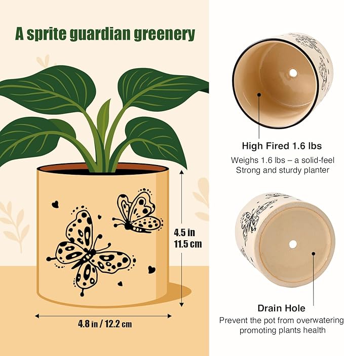 STHIE 5 Inch Ceramic Plant Pots with Drainage Holes, Small Round Flower Pots for Indoor Plant, Unique Animal Flower Planters (Butterfly)