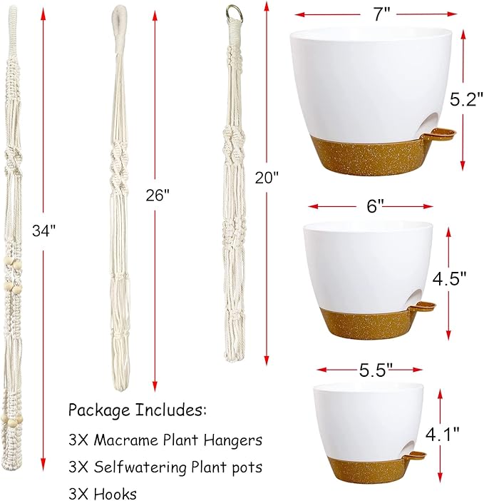 Bouqlife Hanging Planters with Macrame Plant Hangers for Indoor Outdoor Plants 3 Set Self Watering Pots Hanging Baskets Flower Pot Holders 3 Different Size