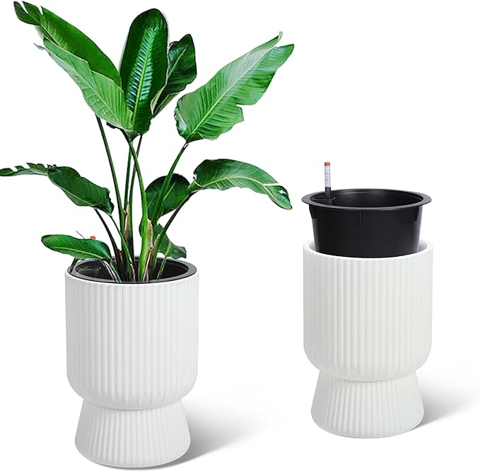 14 Inch Plant Pots, Self Watering Planters Set of 2 with Drainage Holes, Tall planters for Indoor Plants, Flower Pots with Water Level Monitor, for Patio, Porch, Living Room, Home Office, White