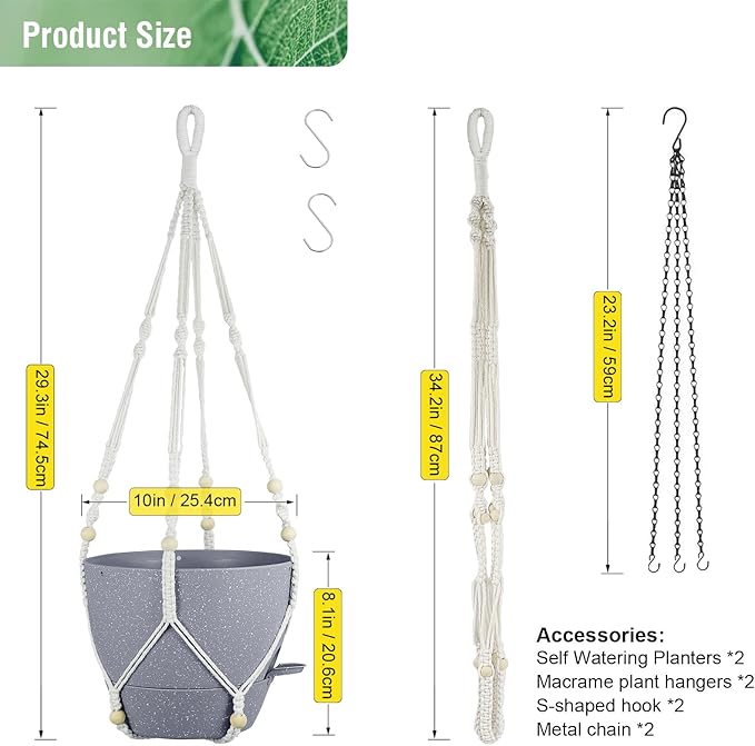 Meowell Self Watering Hanging Planters 10 inch, 2 Pack Hanging Flower Pots for Indoor Outdoor Plants, Hanging Baskets with Drainage Holes & 2 Kinds of Plant Hangers for Garden Decor, Speckled Grey