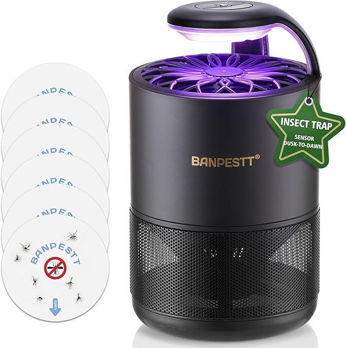 BANPESTT Automatic Insect Trap: Dusk-to-Dawn Sensor & Powerful Suction Quiet, Non-Zapper for Fruit Flies, Gnats, Mosquitoes | Includes 6 Glue Boards & UV Light (Black)
