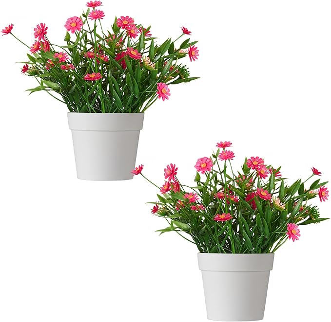 Fake Plants Daisy for Bathroom Decor, Small Potted Artificial Plants Indoor for Shelf Desk Home Bathroom Farmhouse Room Coffee Table Decor, Red (Pack of 2)