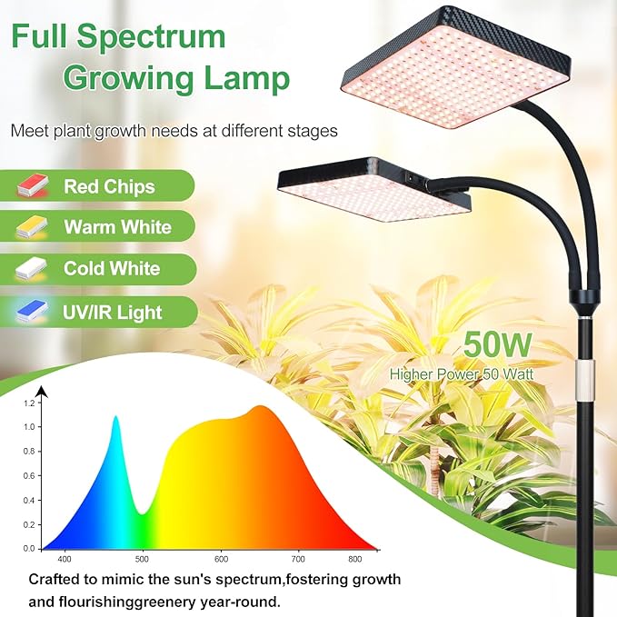 FRGROW 2026 2Head Full Spectrum Floor Lamp Grow Light, 50 Watt Bright Grow Lights for Indoor Tall Plants, Bonsai Tree, Auto On/Off Daily Timer(4/8/12/16/20H), Adjustable Stand 24"-78"