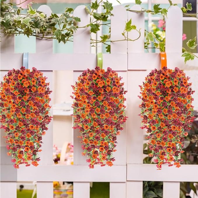 Artificial Hanging Flowers for Outdoors Fall Decorations, 2PCS Faux Silk Daisy with Eucalyptus Leaves for Front Door Porch Planter Patio Yard Garden, Thanksgiving Halloween Decorations