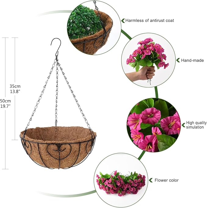 Homsunny Artificial Hanging Flowers Plants with Basket for Outdoors - Fake Petunias Flowers Fake Silk Morning Glory Planter for Outside Porch Patio Balcony Garden Spring Summer Decor(Purple red)