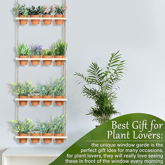 FillTouch 4 Tiered Window Plant Shelves Hanging Herb Planter Indoor Display with 16 Pcs Flower Pots Wood Window Plant Hanger for Grow Herbs Succulents Microgreens Seedling Organization