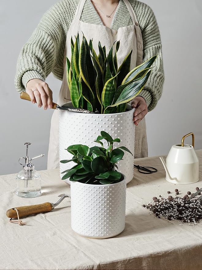 LE TAUCI Ceramic Pots for Plants, 10/8/6 Inch Indoor Planters with Draiange Hole, Silicone Plug & Mesh Pad, Modern Rasied-Dots Pots for Home Office, Set of 3, Satin, White