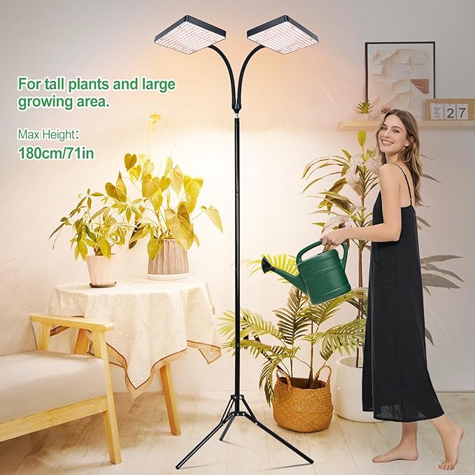 FRGROW 2026 2Head Full Spectrum Grow Light with Stand, 50 Watt Bright Grow Lights for Indoor Large Plants, Tall Bonsai Tree, Auto On/Off Daily Timer(4/8/12/16/20H), Adjustable Stand 24"-78"