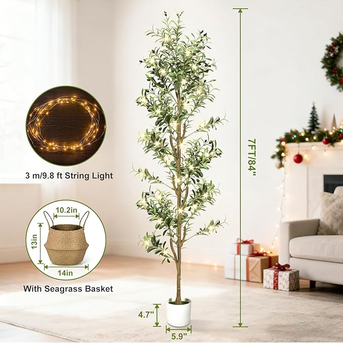 TNELTUEB Artificial Olive Tree 7FT-Large Faux Olive Trees Indoor with White Planter & Basket and Lights, Tall Fake Olive Plants Silk Tree with Branches and Fruits for Christmas Home Decor Office