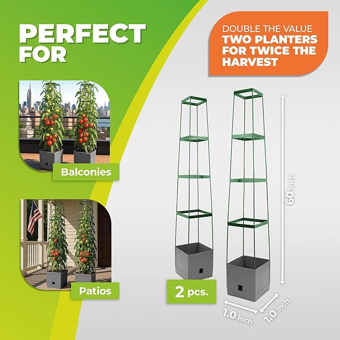 BioGreen 2 Pack Garden Tomato Planter MAXITOM, with Plant Support Trellis 59 inch and Self Watering, 4,2 Gal Planter Box for Climbing Vegetables Plants, Gray