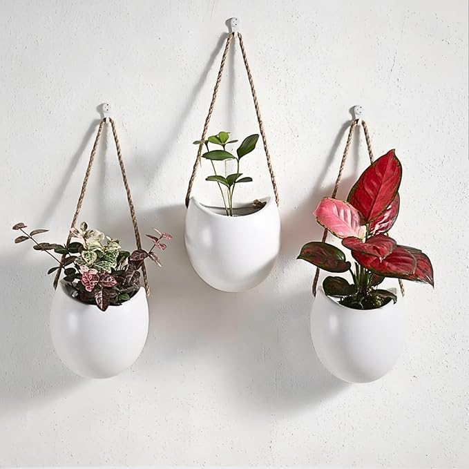 Set of 3 Small Ceramic Hanging Planters for Indoor Plants, Wall Decor for Bathroom Living Room Bedroom Home Kitchen Office Corridors