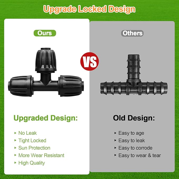 Drip Irrigation Fittings for 1/2 Inch Drip Tubing (1/2" ID x 0.65" OD), 10 Pcs 1/2'' Drip Line Tees Anti-Drop Locked Nut Barbed Tee Connectors Garden Irrigation Parts for Drip Systems