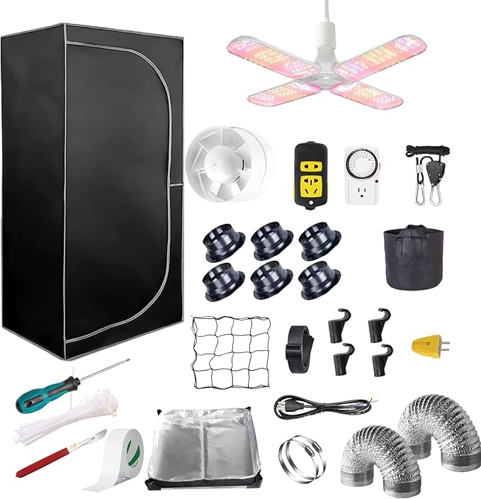 Complete Mylar Growing Tent, 4x4 Grow Tent Kit 48"x48"x80" Indoor Plant Growing Room, LED Full Spectrum Grow Light Ventilation Inline Fan + Acceseries