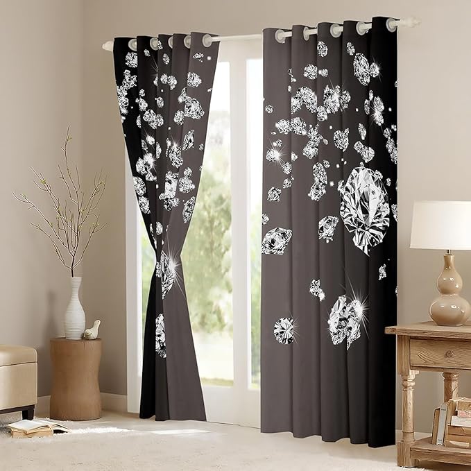 Erosebridal Glitter Blackout Curtains Adult,3D Sparkles Crystal Window Curtains 2 Panels 52" Wx84 L,Silver Diamond Black Curtains & Drapes,Grey Gradient Window Treatments Fashion Decor