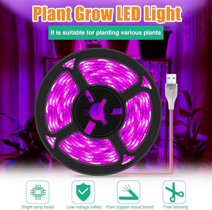 Plant Grow Light Strip 2835 SMD IP66 Waterproof Full Spectrum LED Light for Indoor Plants, Greenhouse, Aquarium, Garden, Flowers & Veg - USB Interface