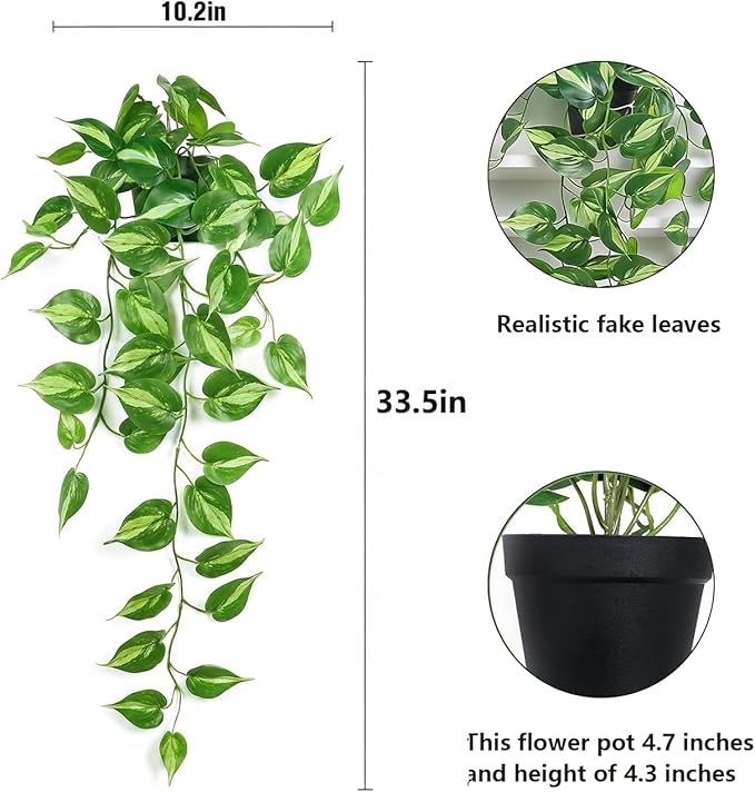 Fake Pothos Hanging Plants with Pots, 33.5" Set of 2 Faux Ivy Vines, Realistic Silk Artificial Plants Greenery for Home Indoor Decor, Living Room, Desk Shelf, Bathroom Decoration