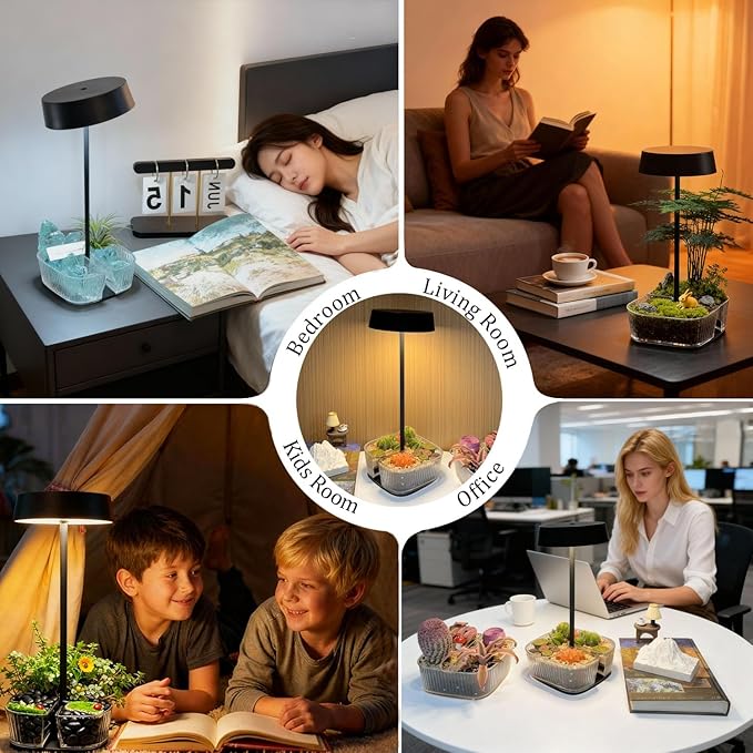 Bedside Lamp, Table Lamp for Bedroom with 4 Color Dimming, Grow Lights for Indoor Plants, Battery Powered Cordless Light for Bedroom