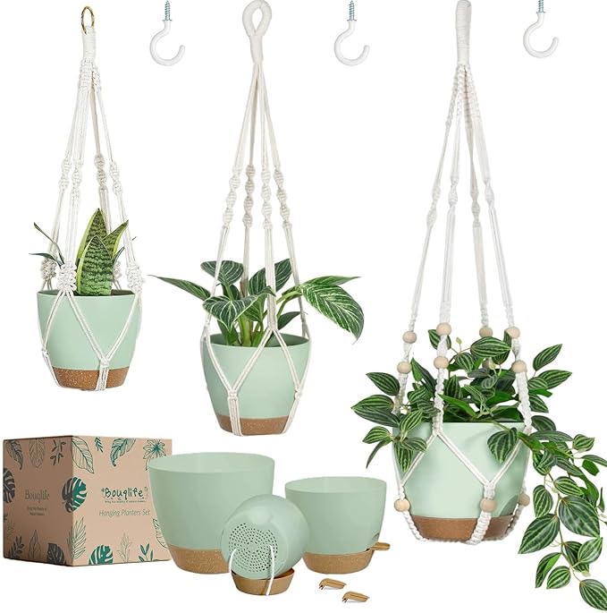 Bouqlife Self Watering Hanging Planters for Indoor Plants 3 Pack Macrame Plant Hangers with Drainage Holes Pots and Hooks for Home Garden Decor Green