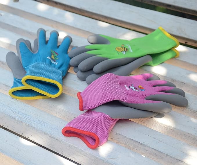 KDK Ages 3-5 Kids Gardening Gloves,Yard Work Gloves for Toddlers, Youth, Girls, Boys, Childrens, Soft Safety Rubber Gloves (XXXS Age 3-5, 3 Pairs Green, Blue&Pink)
