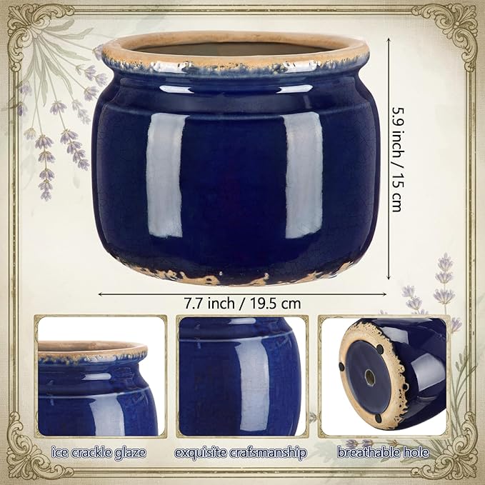7.7" Large Ceramic Plant Pot Navy Blue Vintage Planter Crackle Glaze Decorative Coastal Flowers Pot with Drainage for Indoor Outdoor Plants Home Shelf Kitchen Office Patio Decor Gift