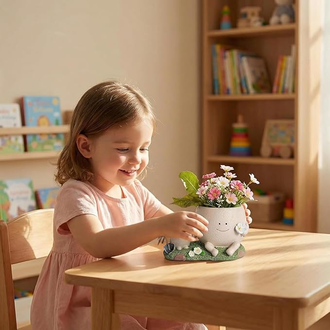 TEARS OF GAIA Lovely Face Planter Pot, Cute Resin Flower Head Planters with Drainage, for Mom, Funny Succulent Plant Lover Gift, Unique Gift Ideal for Plant Lovers (Parent-Child Time)