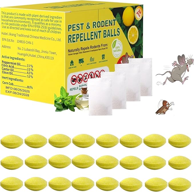 Mouse Rodent Repellent – Peppermint Lemon Oil Rodent & Insect Repellent Balls 24 Pack, Plant-Based Deterrent for Mice, Rats, Roaches & Bugs, Indoor & Outdoor Use