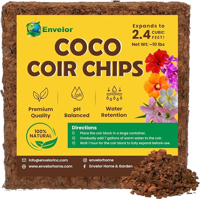 Envelor Coco Coir Chips Orchid Potting Mix 10 Lb Brick Mulch Potting Soil Indoor Plant Planting Chips Coconut Fiber Substrate Orchid Bark Growing Media Coir Husk Chips Compressed Coconut Coir