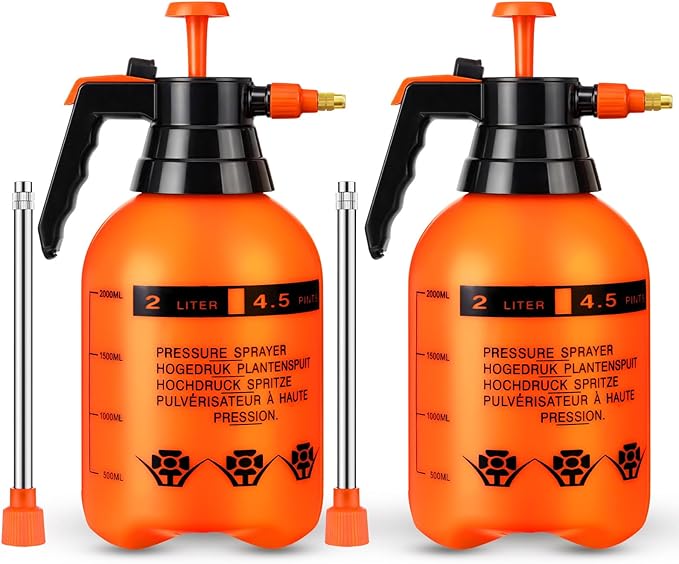 2 Set Handheld Pump Sprayer Pump Spray Bottle Garden Sprayer Plant Mister Water Spray Bottle with Adjustable Nozzle Extended Rod for Spraying Watering Fertilizing Cleaning(2L,Orange)