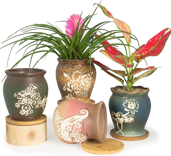 ARTKETTY 4 Inch Ceramic Plant Pots with Drainage Hole Set of 4, Vintage Flower Pots with Bamboo Trays Small Planters for Indoor Cactus, Herbs and Succulent Plants Decorative Garden Home