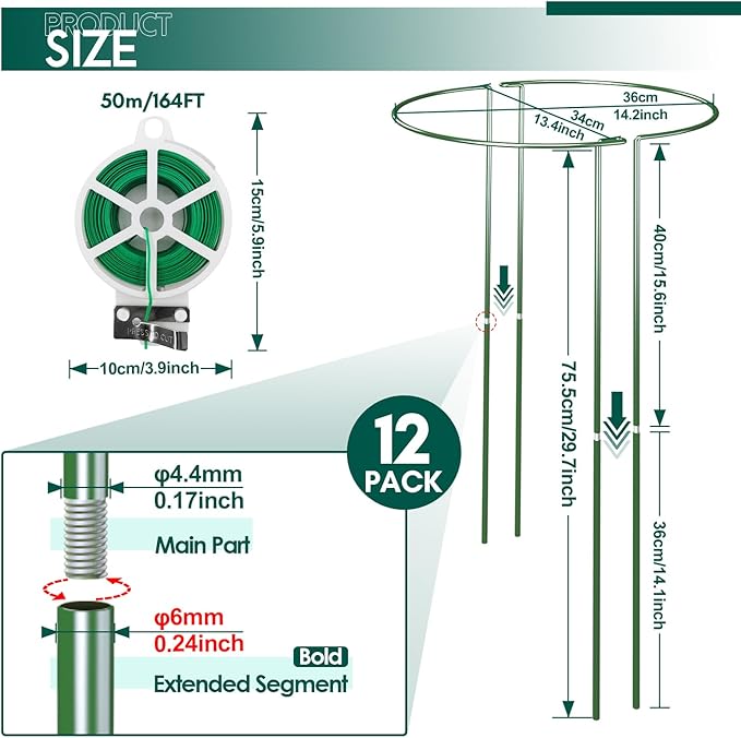 12 Pack 30 inch Plant Support Stakes, Heavy-Duty Half Round Peony Support, Garden Plant Stakes Cage for Outdoor Plants, Peony, Tomato, Hydrangea, (15ln Support +15ln Stainless Extension Tubes)