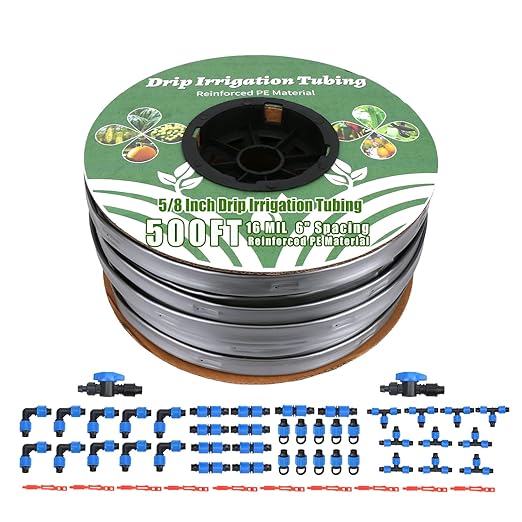 500FT 5/8" Drip Tape Irrigation Kit, 16 Mil Heavy Duty with 6" Emitter Spacing, Silver Reflective Drip Tape Helps Prevent Pecking & Biting Damage, Heat-Safe for Seedlings, Reinforced PE Material